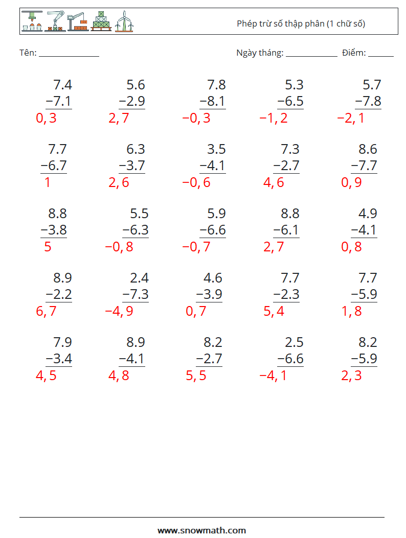 (25) Phép trừ số thập phân (1 chữ số) Bảng tính toán học 14 Câu hỏi, câu trả lời