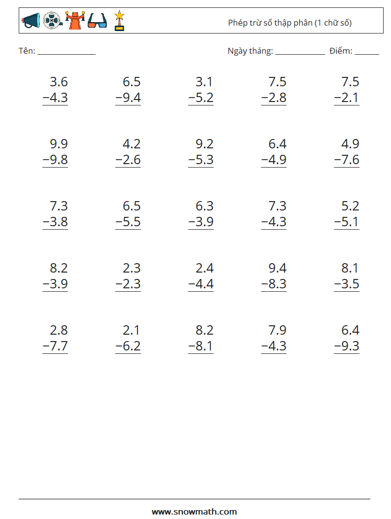 (25) Phép trừ số thập phân (1 chữ số) Bảng tính toán học 7