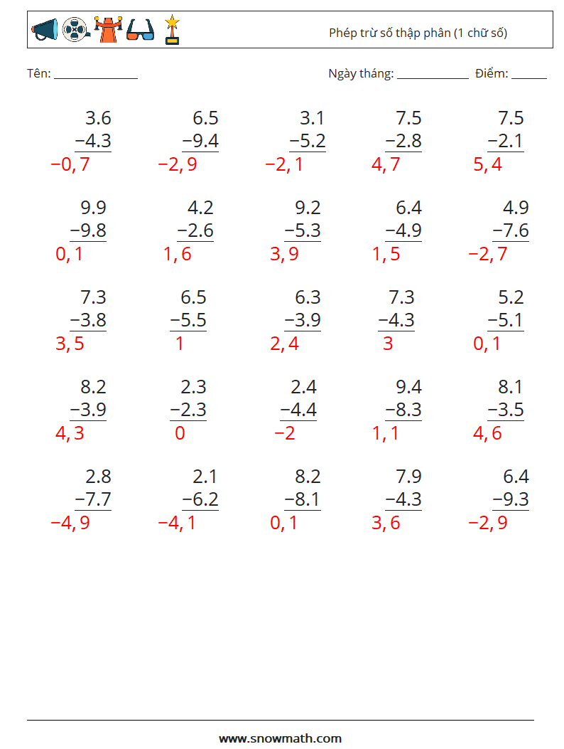 (25) Phép trừ số thập phân (1 chữ số) Bảng tính toán học 7 Câu hỏi, câu trả lời