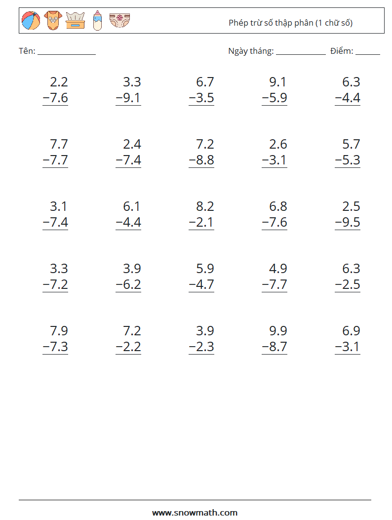 (25) Phép trừ số thập phân (1 chữ số) Bảng tính toán học 8