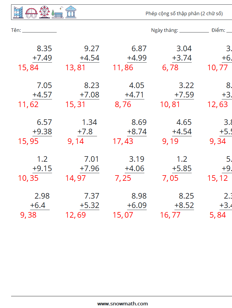 (25) Phép cộng số thập phân (2 chữ số) Bảng tính toán học 13 Câu hỏi, câu trả lời