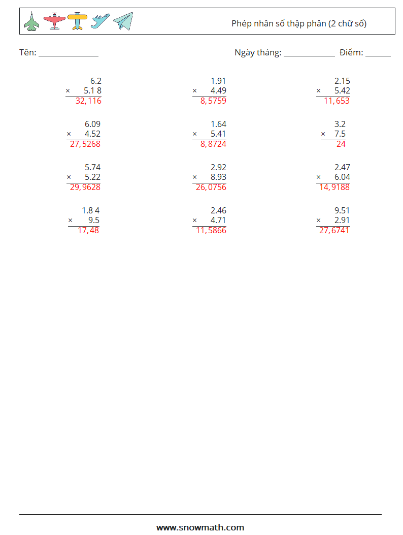 (12) Phép nhân số thập phân (2 chữ số) Bảng tính toán học 12 Câu hỏi, câu trả lời