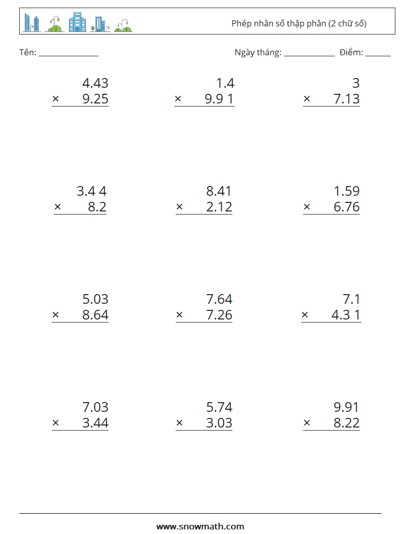 (12) Phép nhân số thập phân (2 chữ số) Bảng tính toán học 3