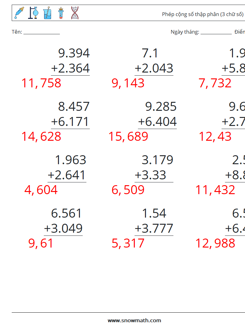(12) Phép cộng số thập phân (3 chữ số) Bảng tính toán học 12 Câu hỏi, câu trả lời