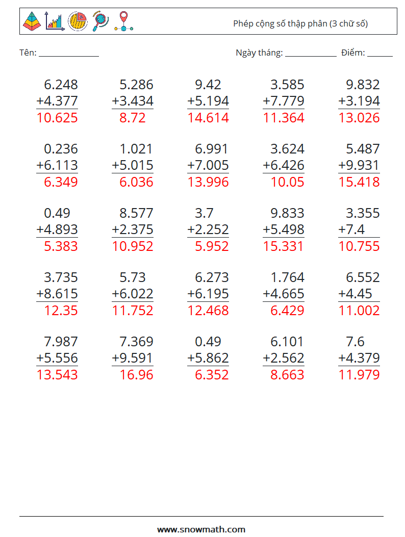 (25) Phép cộng số thập phân (3 chữ số) Bảng tính toán học 10 Câu hỏi, câu trả lời