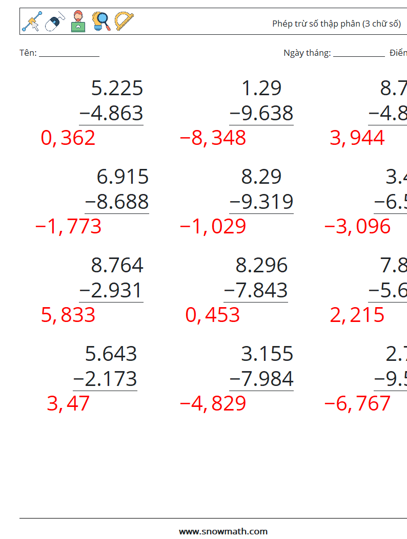 (12) Phép trừ số thập phân (3 chữ số) Bảng tính toán học 12 Câu hỏi, câu trả lời