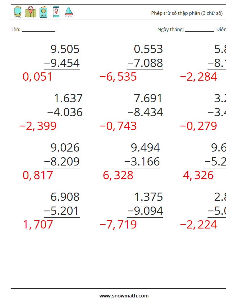 (12) Phép trừ số thập phân (3 chữ số) Bảng tính toán học 14 Câu hỏi, câu trả lời