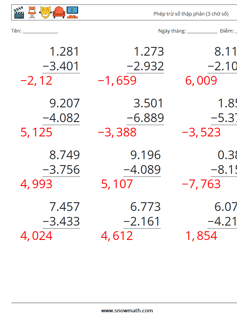 (12) Phép trừ số thập phân (3 chữ số) Bảng tính toán học 18 Câu hỏi, câu trả lời