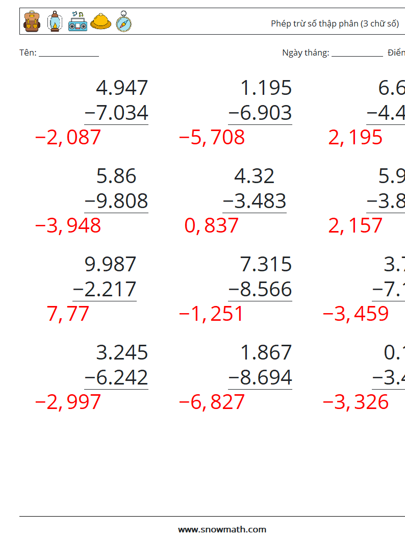 (12) Phép trừ số thập phân (3 chữ số) Bảng tính toán học 6 Câu hỏi, câu trả lời