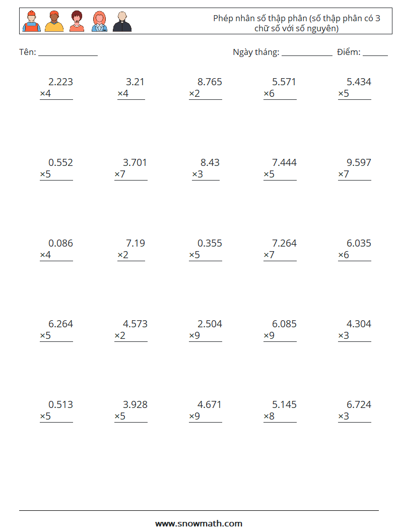(25) Phép nhân số thập phân (số thập phân có 3 chữ số với số nguyên) Bảng tính toán học 10