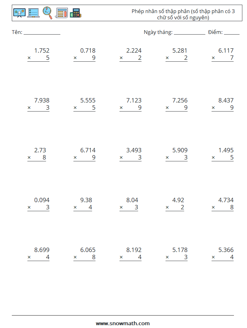 (25) Phép nhân số thập phân (số thập phân có 3 chữ số với số nguyên) Bảng tính toán học 11