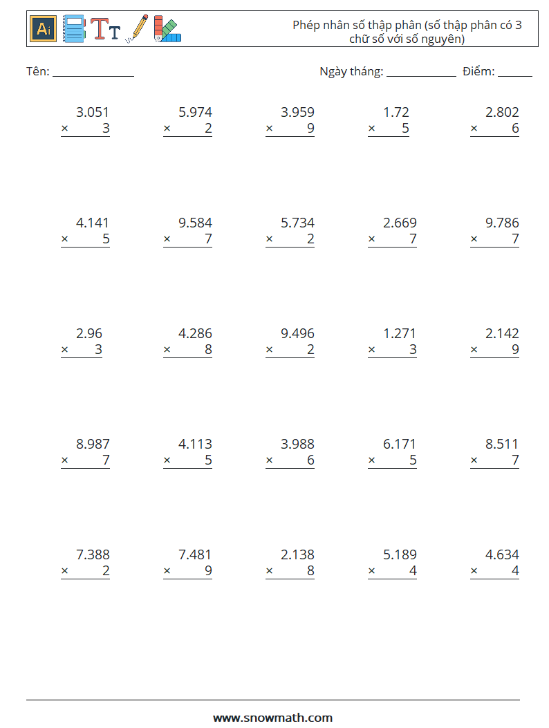 (25) Phép nhân số thập phân (số thập phân có 3 chữ số với số nguyên) Bảng tính toán học 12