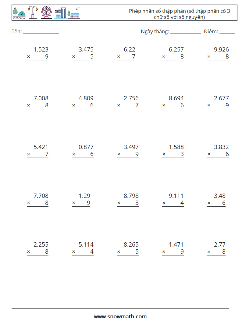 (25) Phép nhân số thập phân (số thập phân có 3 chữ số với số nguyên) Bảng tính toán học 13
