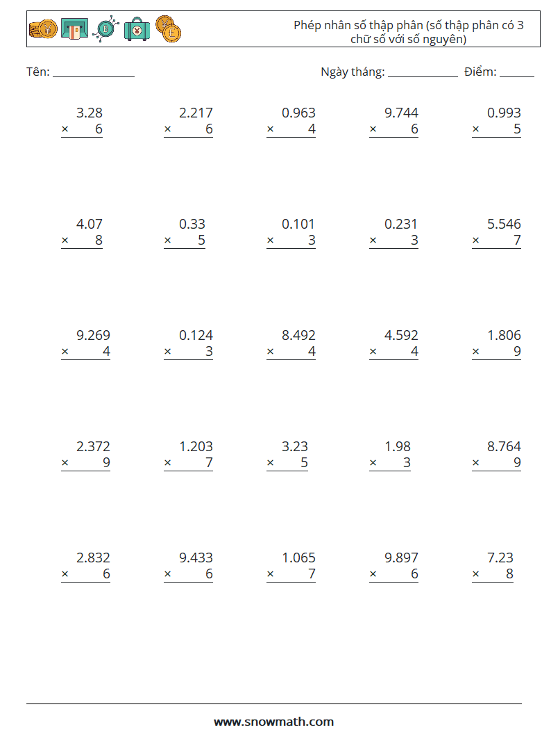 (25) Phép nhân số thập phân (số thập phân có 3 chữ số với số nguyên) Bảng tính toán học 14