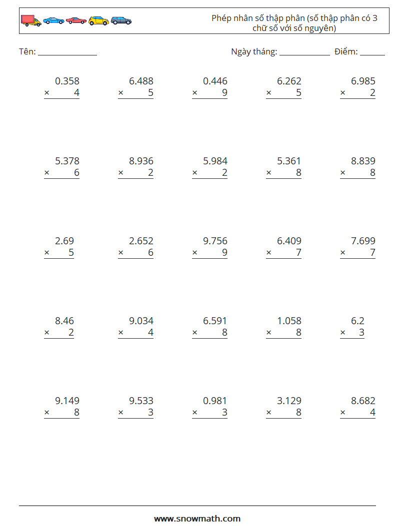 (25) Phép nhân số thập phân (số thập phân có 3 chữ số với số nguyên) Bảng tính toán học 17