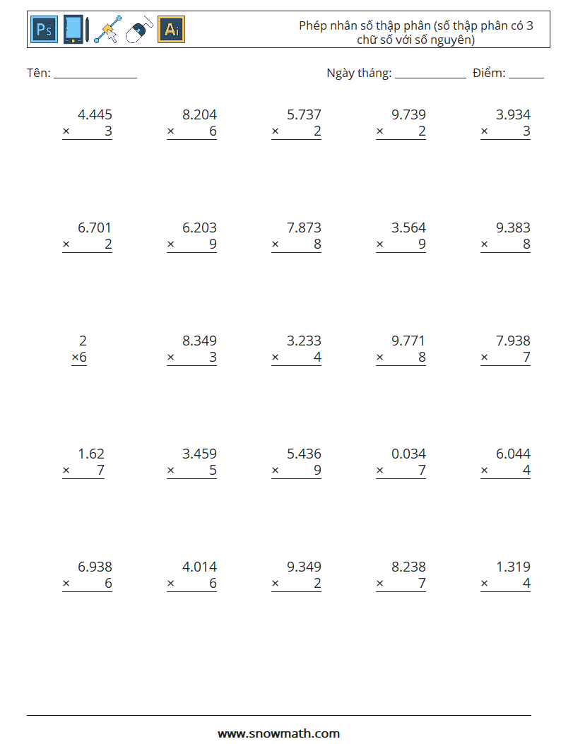 (25) Phép nhân số thập phân (số thập phân có 3 chữ số với số nguyên) Bảng tính toán học 18