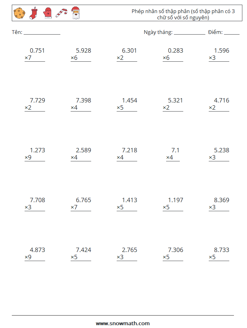 (25) Phép nhân số thập phân (số thập phân có 3 chữ số với số nguyên) Bảng tính toán học 2