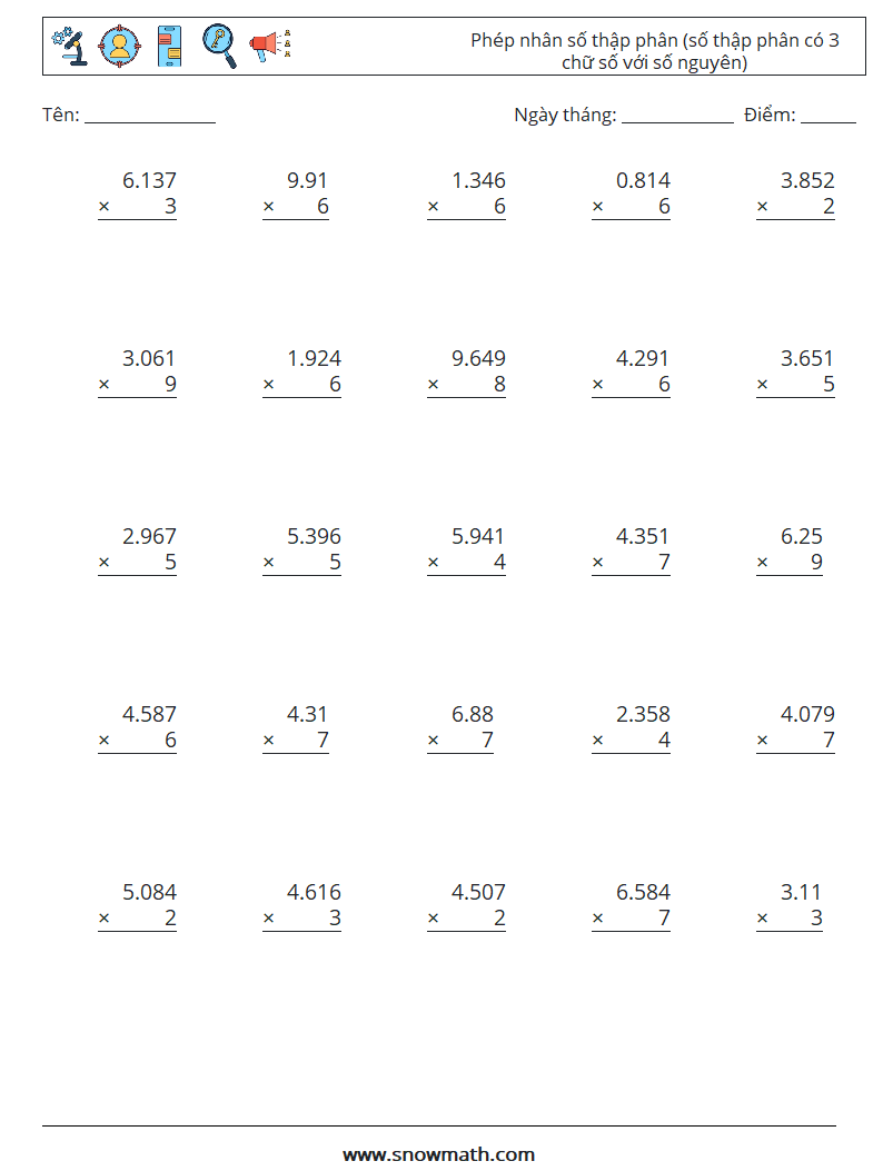 (25) Phép nhân số thập phân (số thập phân có 3 chữ số với số nguyên) Bảng tính toán học 3