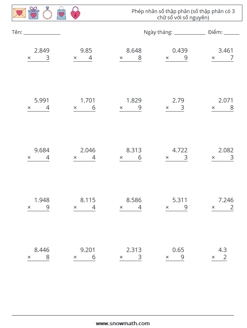(25) Phép nhân số thập phân (số thập phân có 3 chữ số với số nguyên) Bảng tính toán học 4