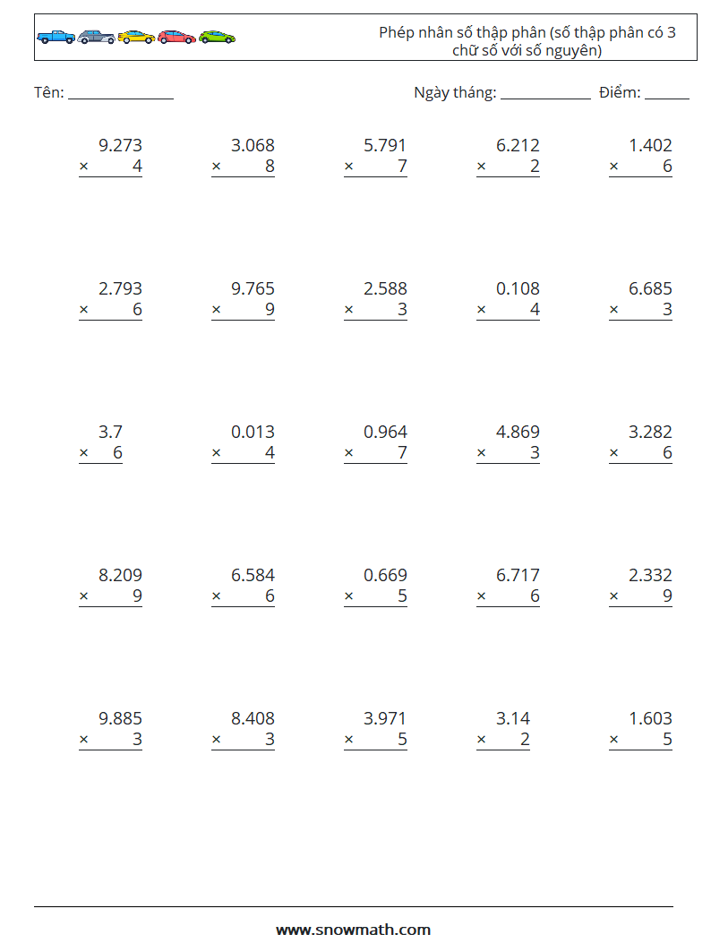 (25) Phép nhân số thập phân (số thập phân có 3 chữ số với số nguyên) Bảng tính toán học 5
