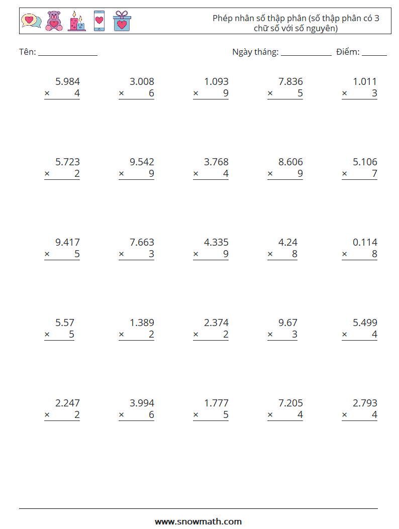 (25) Phép nhân số thập phân (số thập phân có 3 chữ số với số nguyên) Bảng tính toán học 6