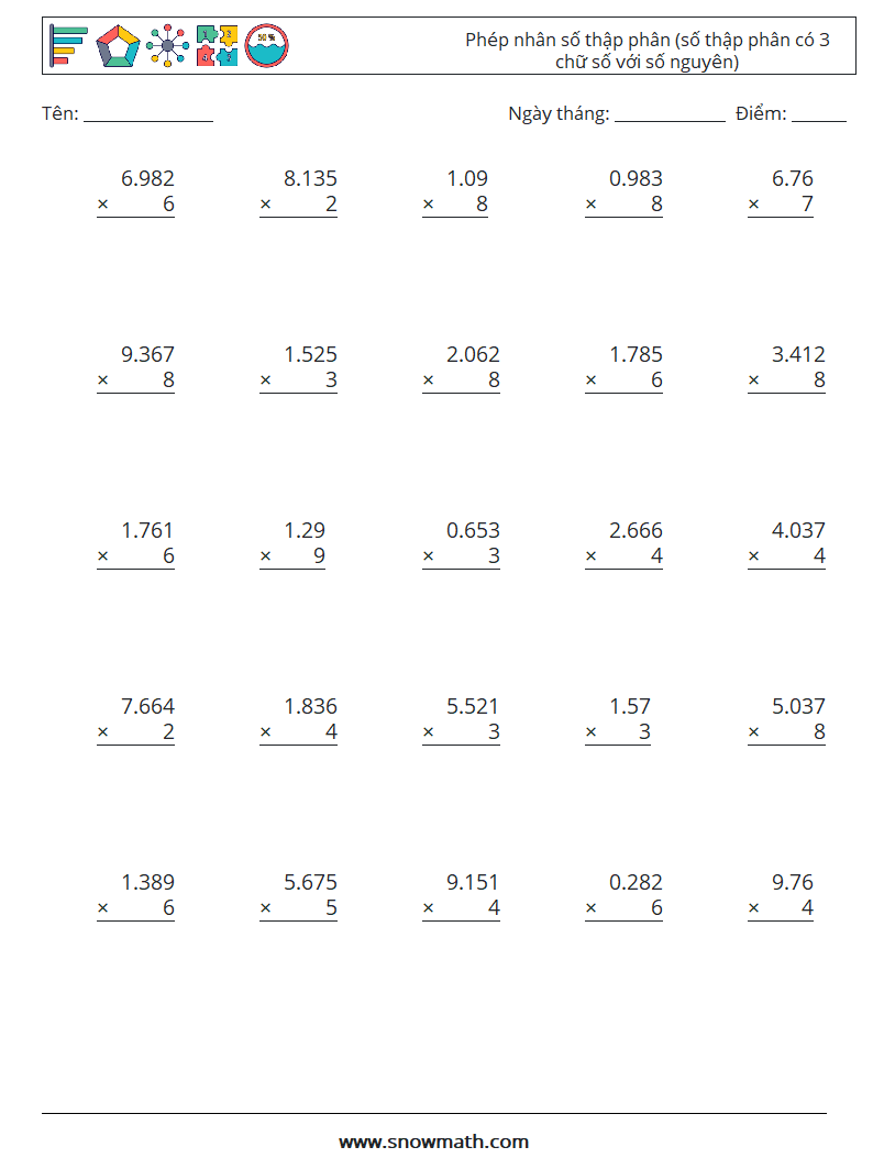 (25) Phép nhân số thập phân (số thập phân có 3 chữ số với số nguyên) Bảng tính toán học 7