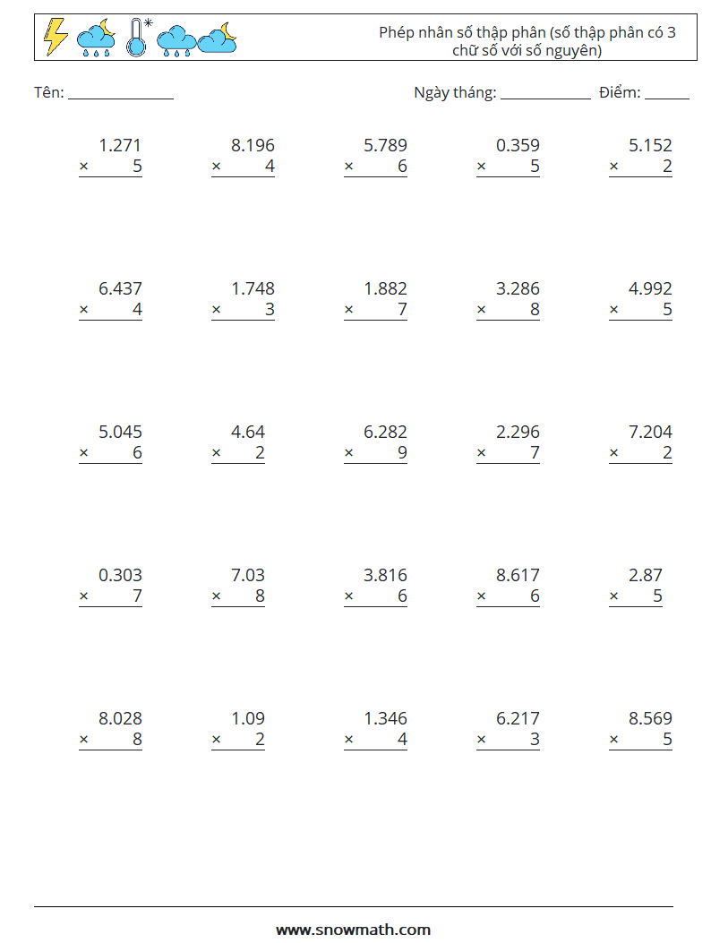 (25) Phép nhân số thập phân (số thập phân có 3 chữ số với số nguyên) Bảng tính toán học 8