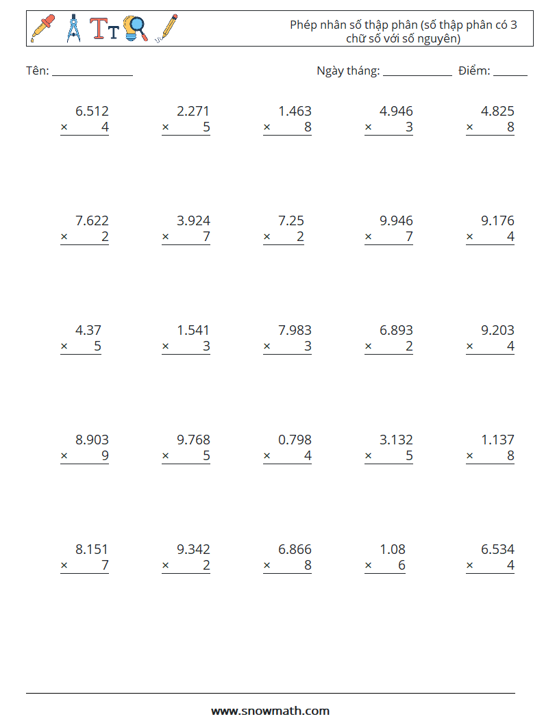(25) Phép nhân số thập phân (số thập phân có 3 chữ số với số nguyên) Bảng tính toán học 9