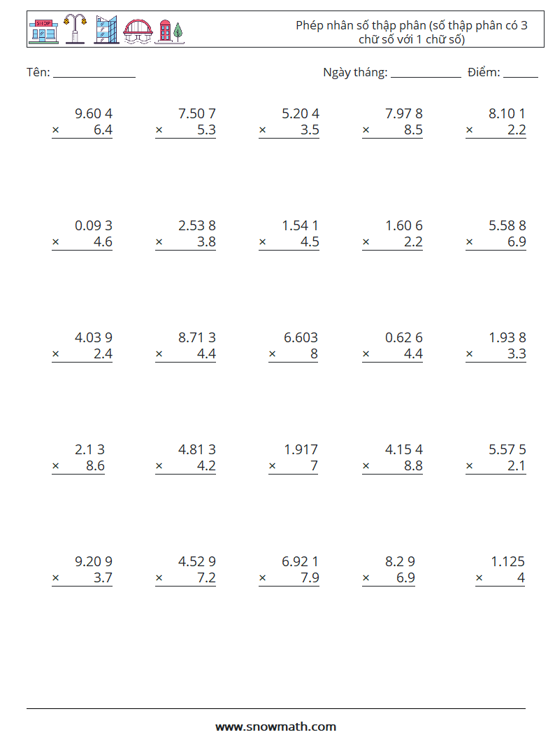 (25) Phép nhân số thập phân (số thập phân có 3 chữ số với 1 chữ số) Bảng tính toán học 11