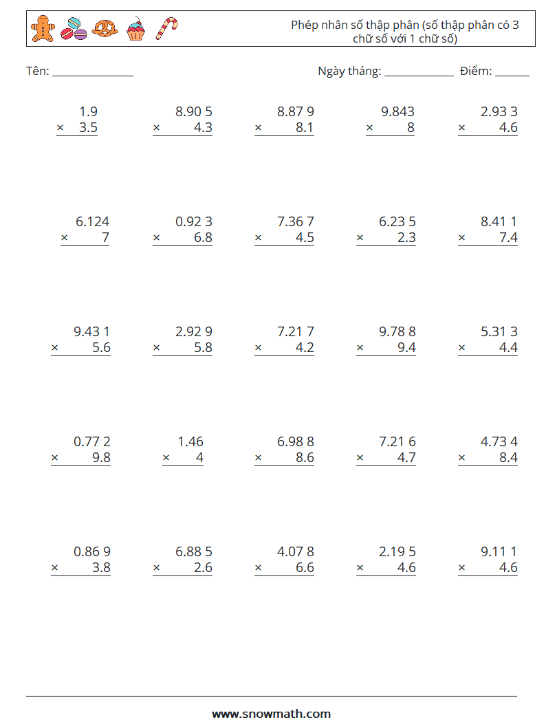 (25) Phép nhân số thập phân (số thập phân có 3 chữ số với 1 chữ số) Bảng tính toán học 12