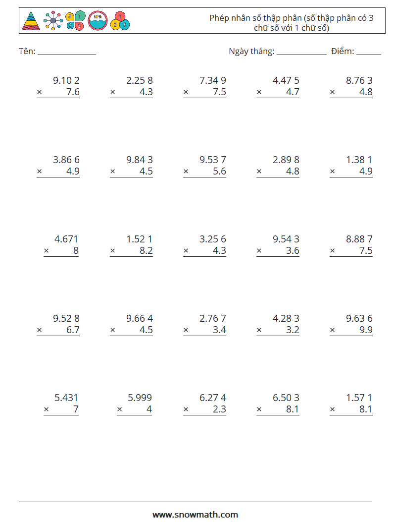 (25) Phép nhân số thập phân (số thập phân có 3 chữ số với 1 chữ số) Bảng tính toán học 13