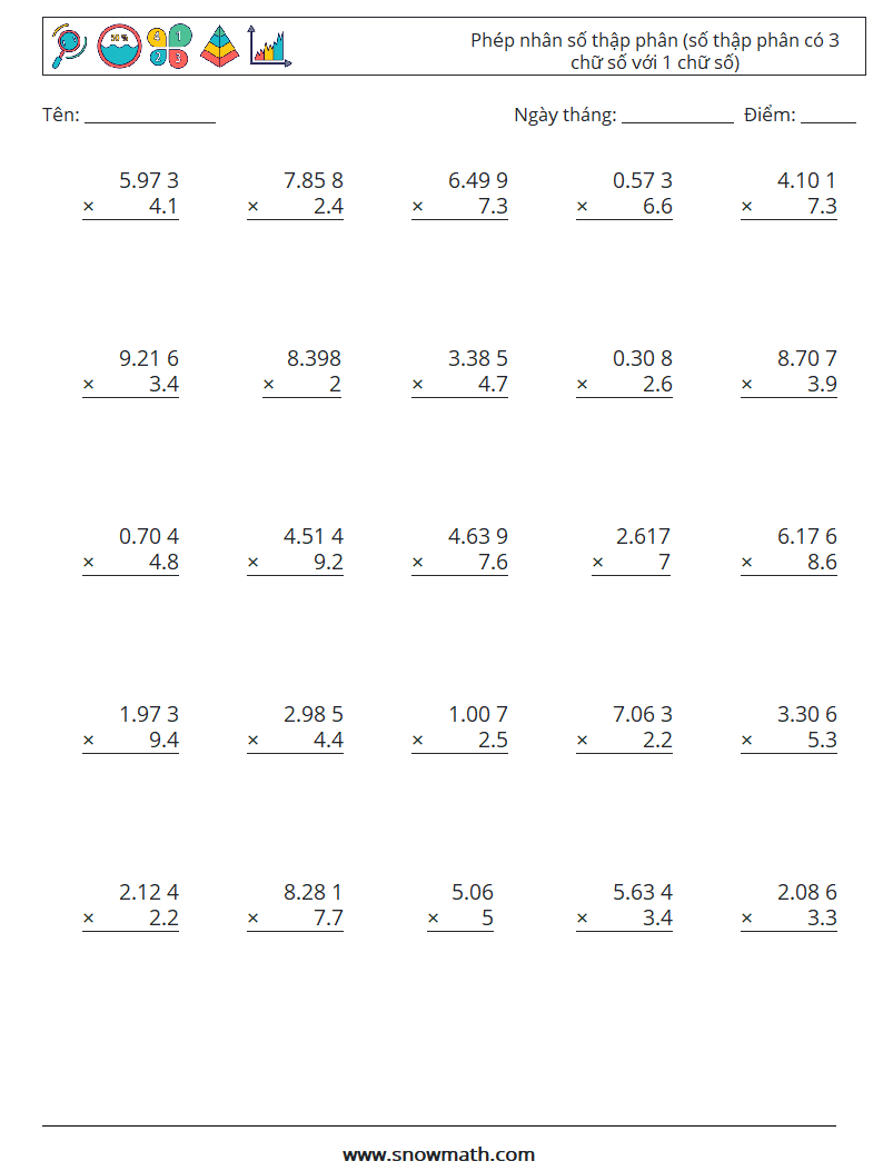 (25) Phép nhân số thập phân (số thập phân có 3 chữ số với 1 chữ số) Bảng tính toán học 14