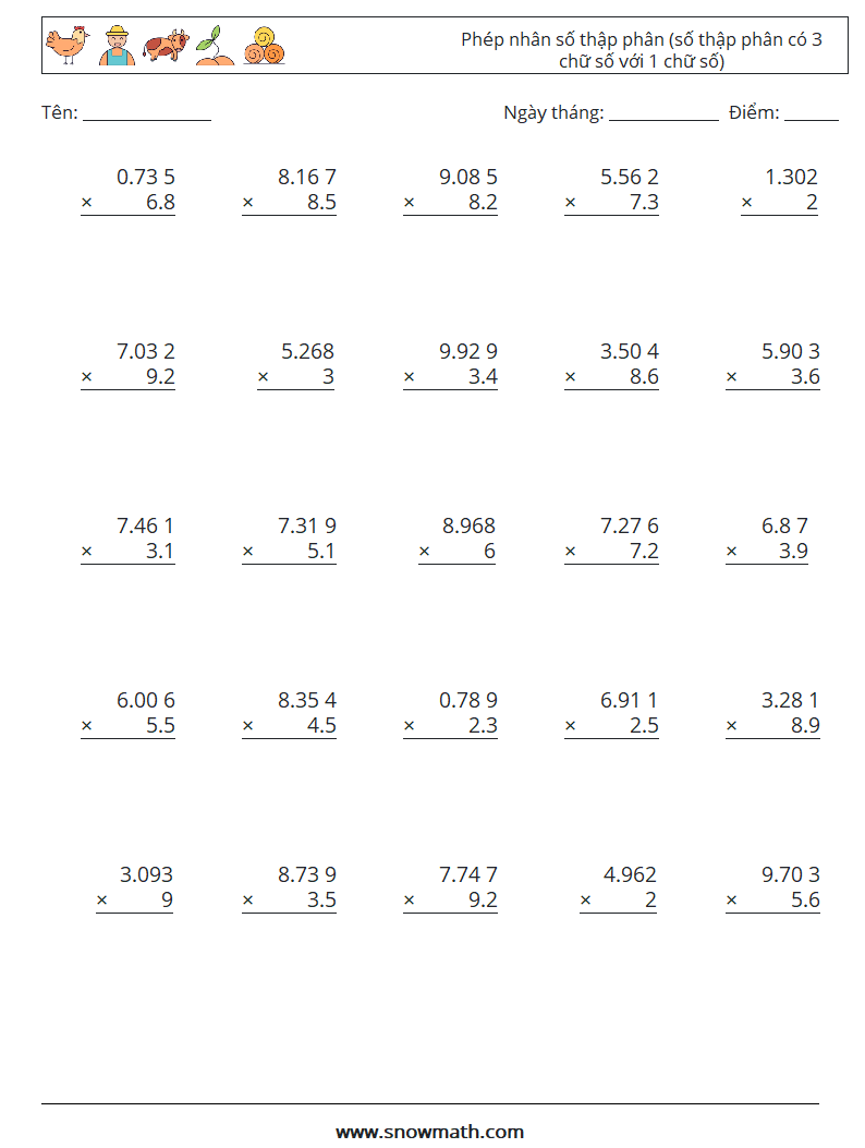 (25) Phép nhân số thập phân (số thập phân có 3 chữ số với 1 chữ số) Bảng tính toán học 16
