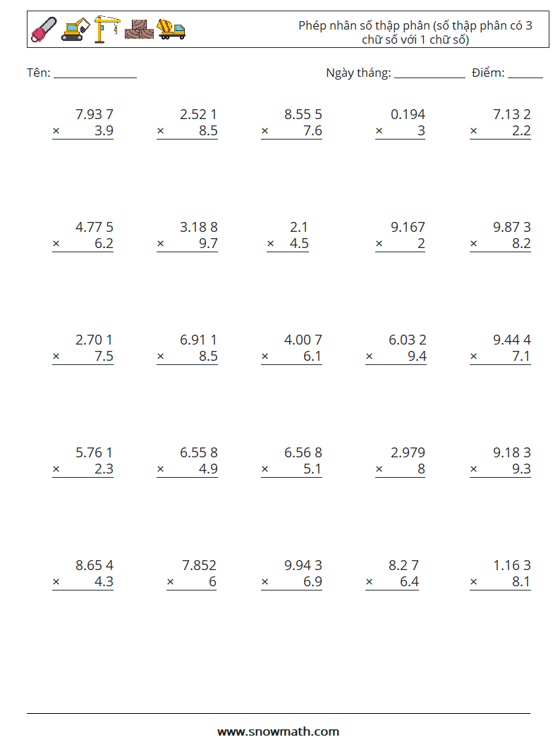 (25) Phép nhân số thập phân (số thập phân có 3 chữ số với 1 chữ số) Bảng tính toán học 17
