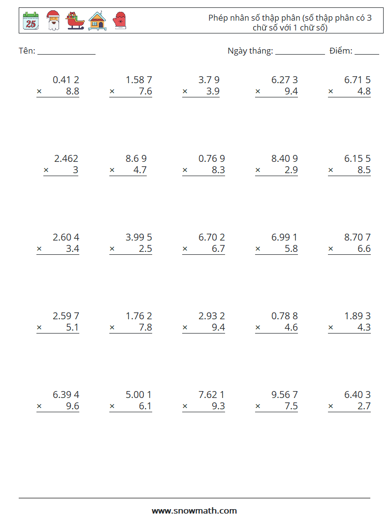 (25) Phép nhân số thập phân (số thập phân có 3 chữ số với 1 chữ số) Bảng tính toán học 18