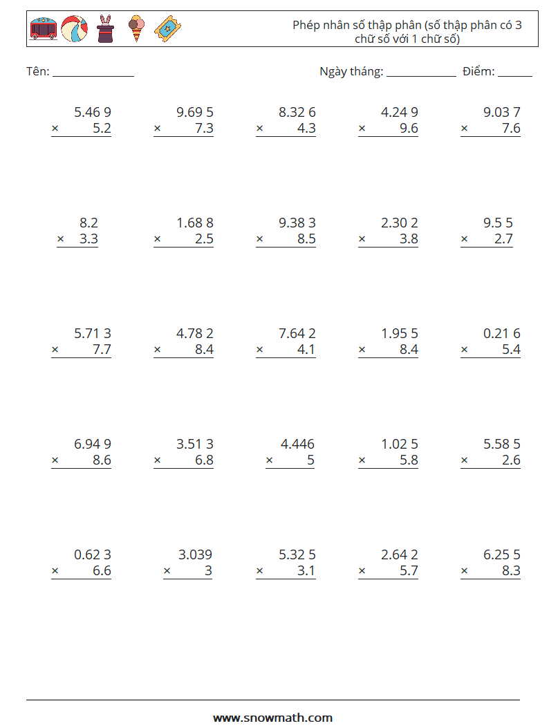 (25) Phép nhân số thập phân (số thập phân có 3 chữ số với 1 chữ số) Bảng tính toán học 3