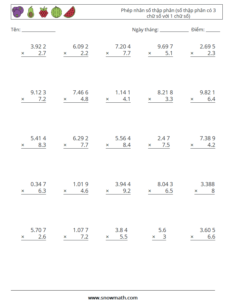 (25) Phép nhân số thập phân (số thập phân có 3 chữ số với 1 chữ số) Bảng tính toán học 5