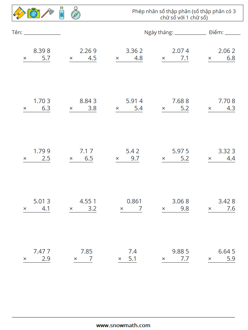 (25) Phép nhân số thập phân (số thập phân có 3 chữ số với 1 chữ số) Bảng tính toán học 6