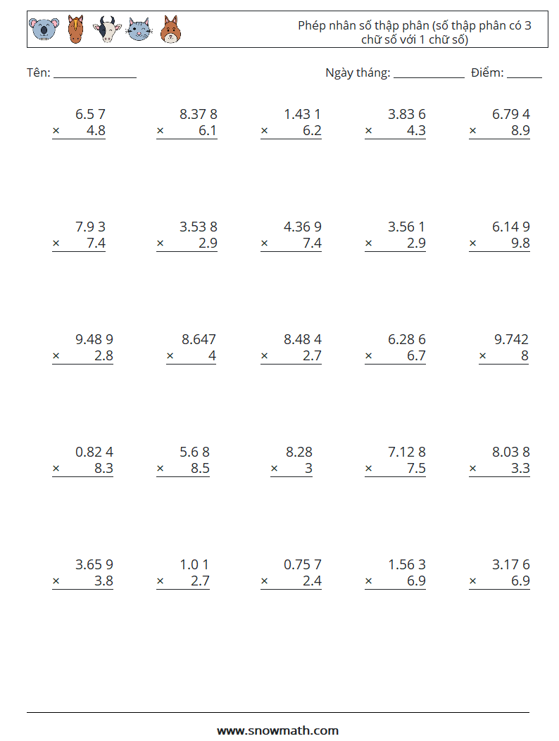 (25) Phép nhân số thập phân (số thập phân có 3 chữ số với 1 chữ số) Bảng tính toán học 7