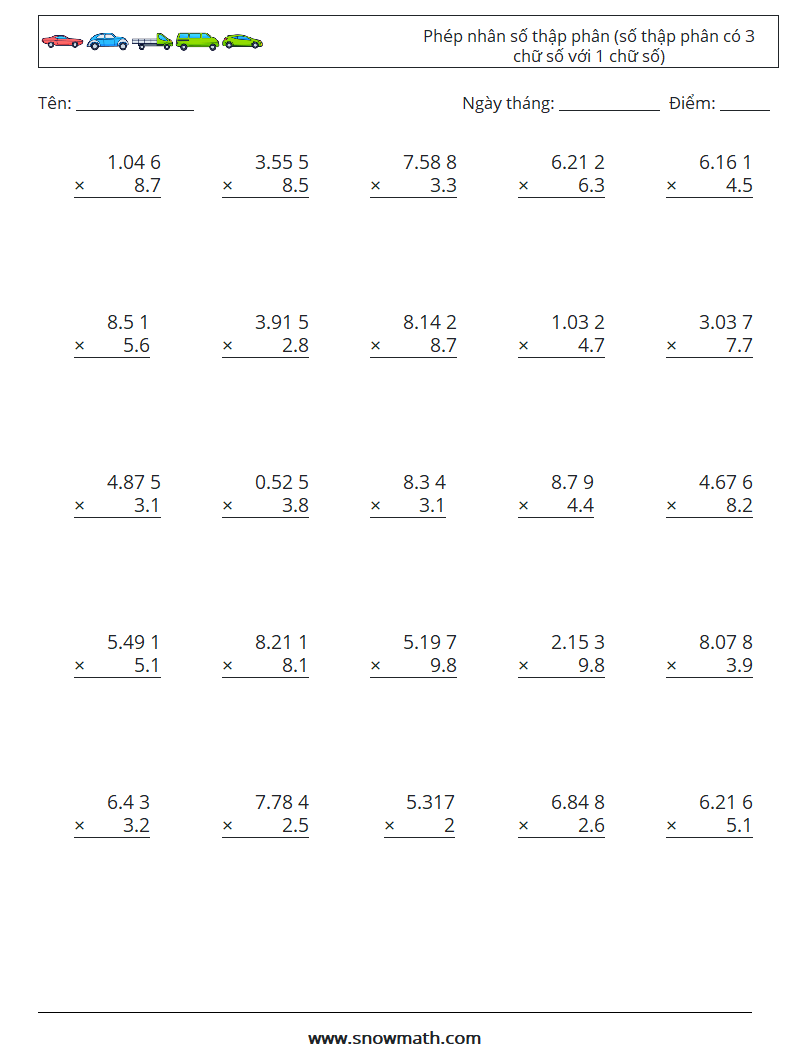 (25) Phép nhân số thập phân (số thập phân có 3 chữ số với 1 chữ số) Bảng tính toán học 8