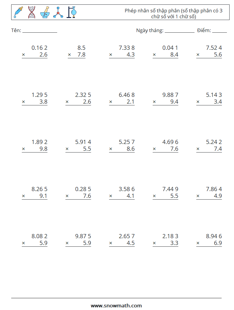 (25) Phép nhân số thập phân (số thập phân có 3 chữ số với 1 chữ số) Bảng tính toán học 9