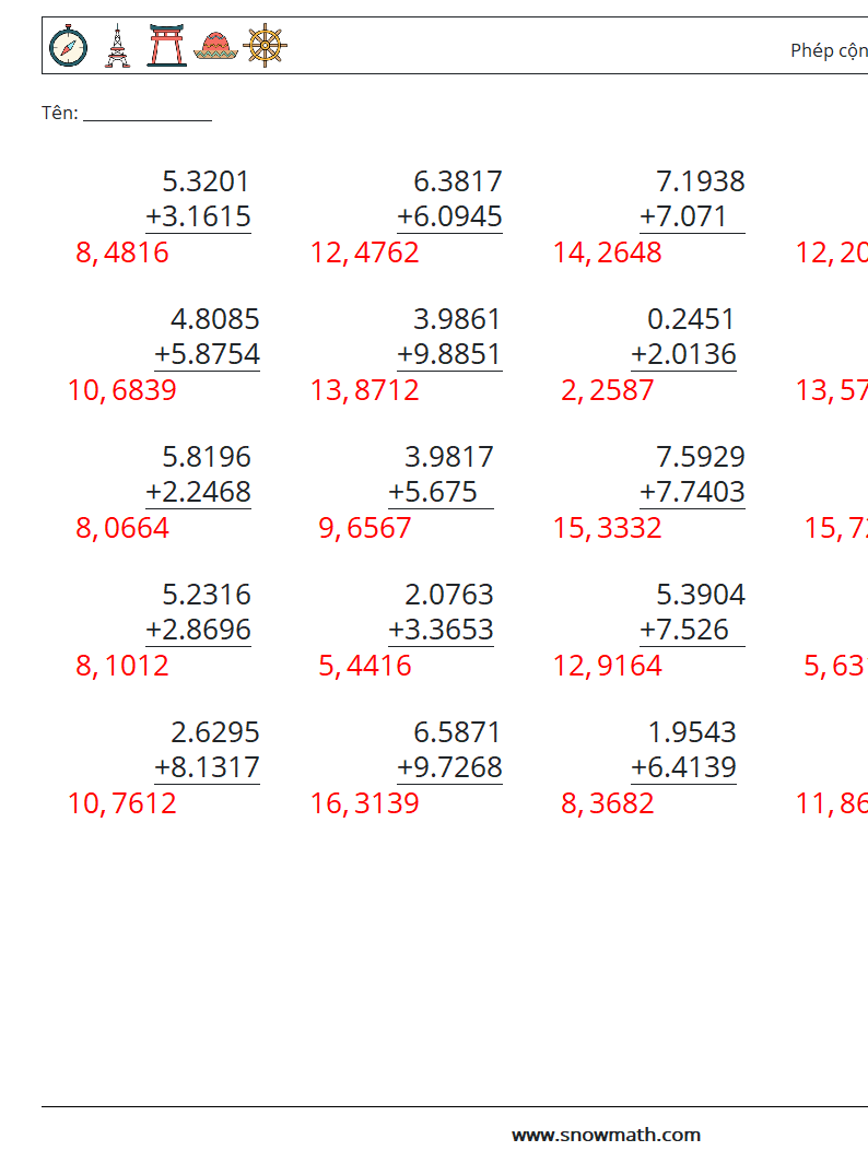 (25) Phép cộng số thập phân (4 chữ số) Bảng tính toán học 18 Câu hỏi, câu trả lời