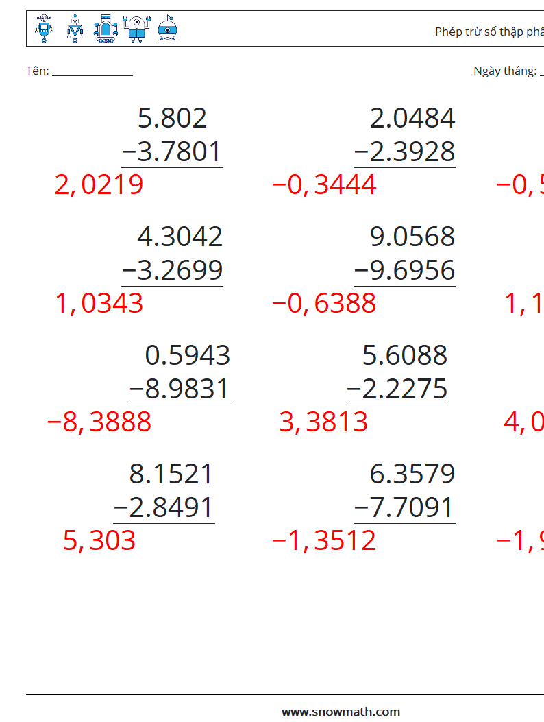 (12) Phép trừ số thập phân (4 chữ số) Bảng tính toán học 12 Câu hỏi, câu trả lời
