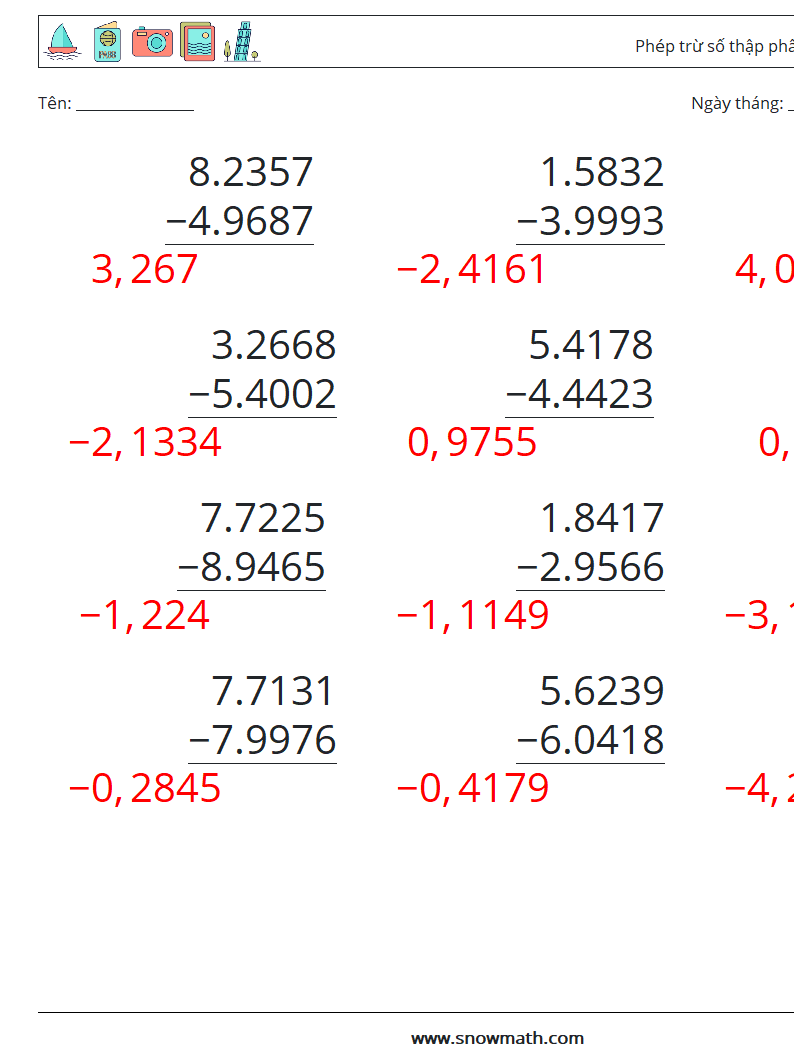 (12) Phép trừ số thập phân (4 chữ số) Bảng tính toán học 17 Câu hỏi, câu trả lời