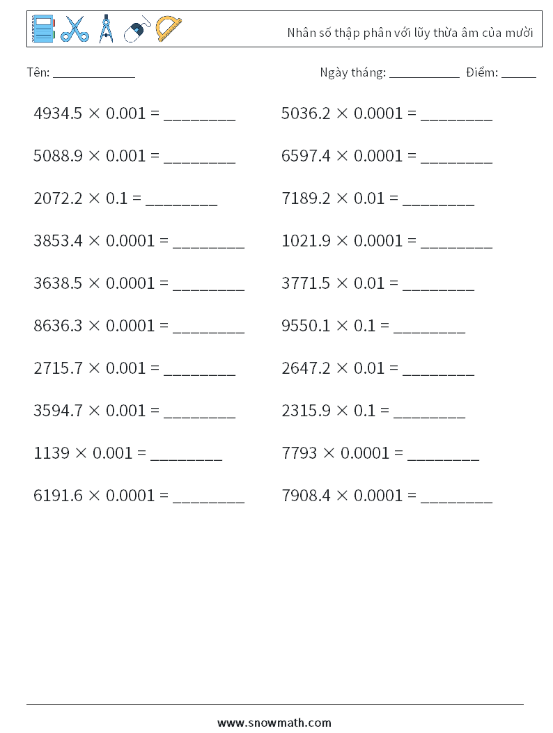 Nhân số thập phân với lũy thừa âm của mười Bảng tính toán học 10