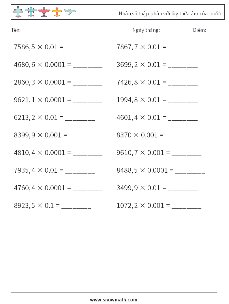 Nhân số thập phân với lũy thừa âm của mười Bảng tính toán học 11