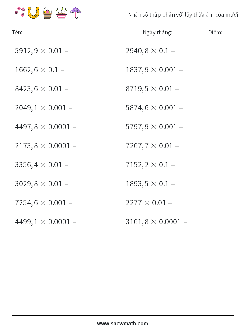 Nhân số thập phân với lũy thừa âm của mười Bảng tính toán học 12