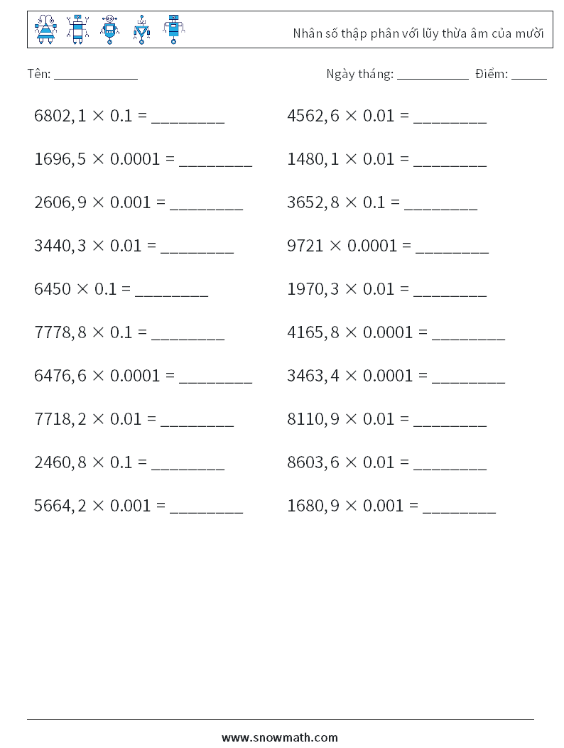Nhân số thập phân với lũy thừa âm của mười Bảng tính toán học 13