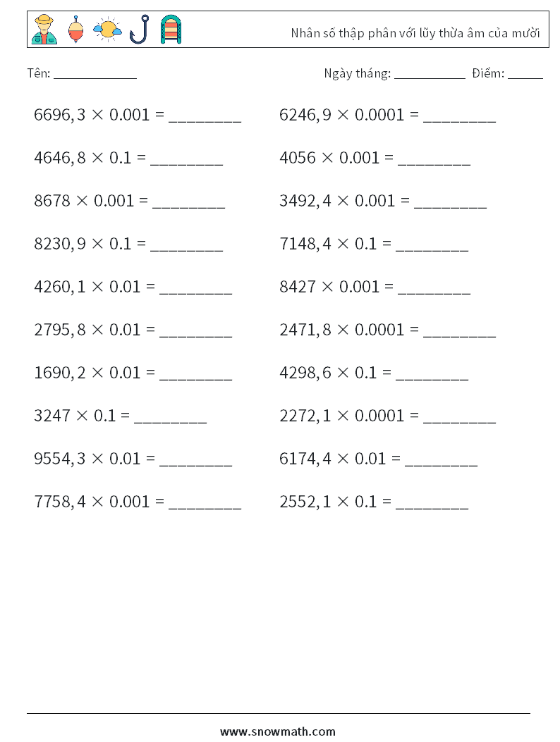 Nhân số thập phân với lũy thừa âm của mười Bảng tính toán học 14