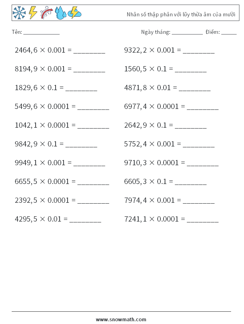 Nhân số thập phân với lũy thừa âm của mười Bảng tính toán học 15